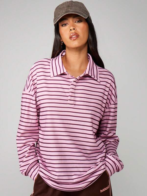MISSGUIDED Rugby Striped Long Sleeve Collared Sweatshirt