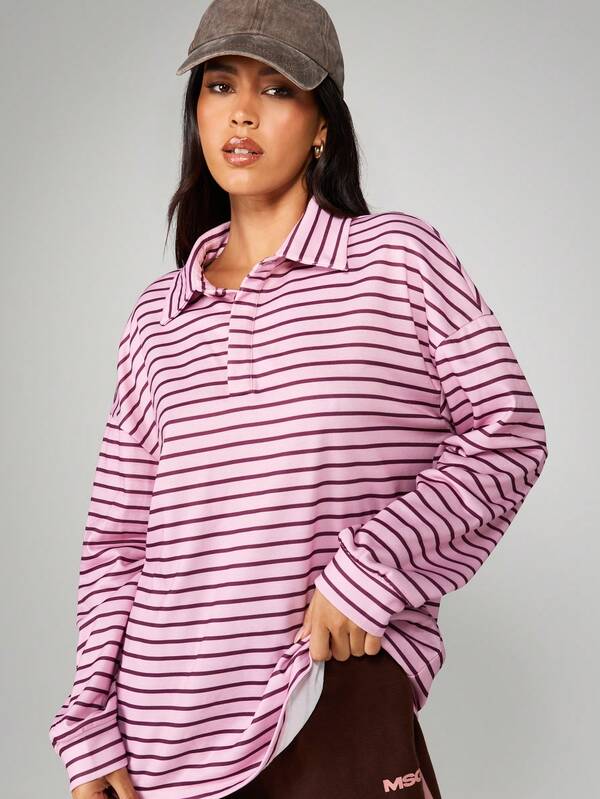 MISSGUIDED Rugby Striped Long Sleeve Collared Sweatshirt