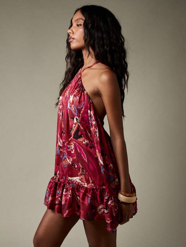 MISSGUIDED Satin Backless Ruffled Halter Neck Mini Dress