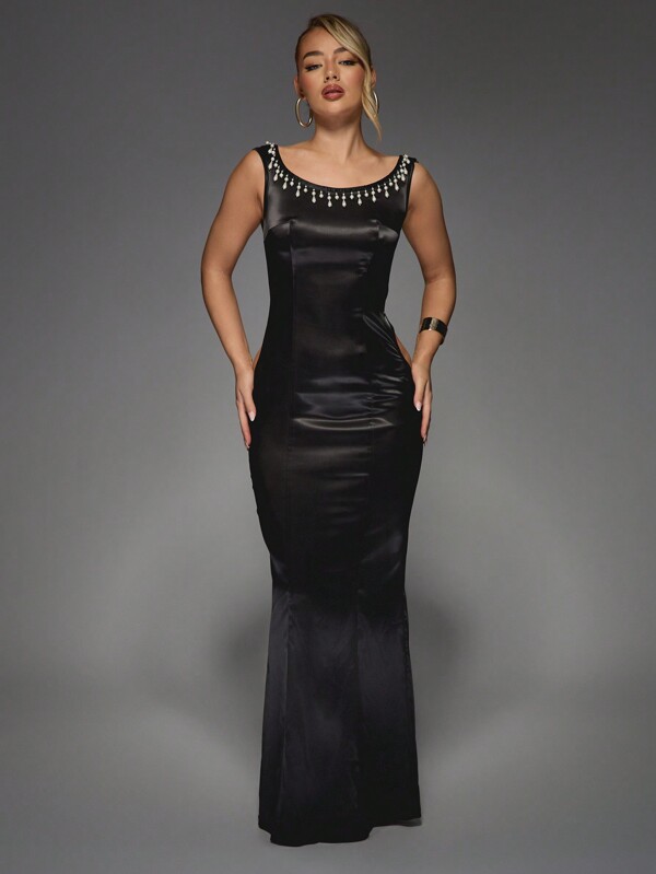 MISSGUIDED Satin Beads Embellished Off Shoulder Flare Hem Maxi Dress