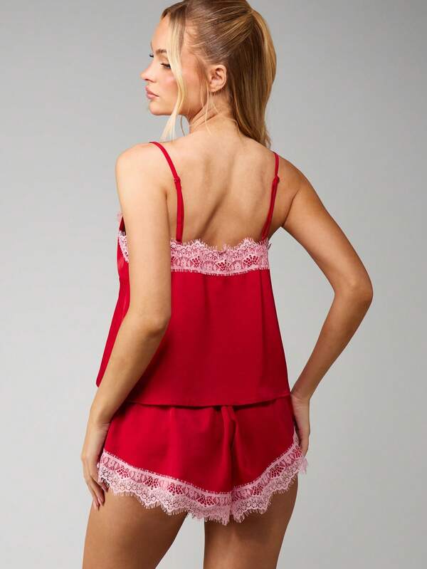 MISSGUIDED Satin Cami And Short Set With Lace Trim