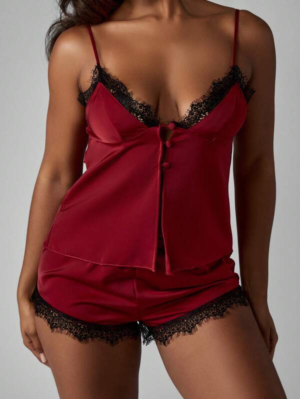 MISSGUIDED Satin Cami Top With Lace Trim And Matching Shorts