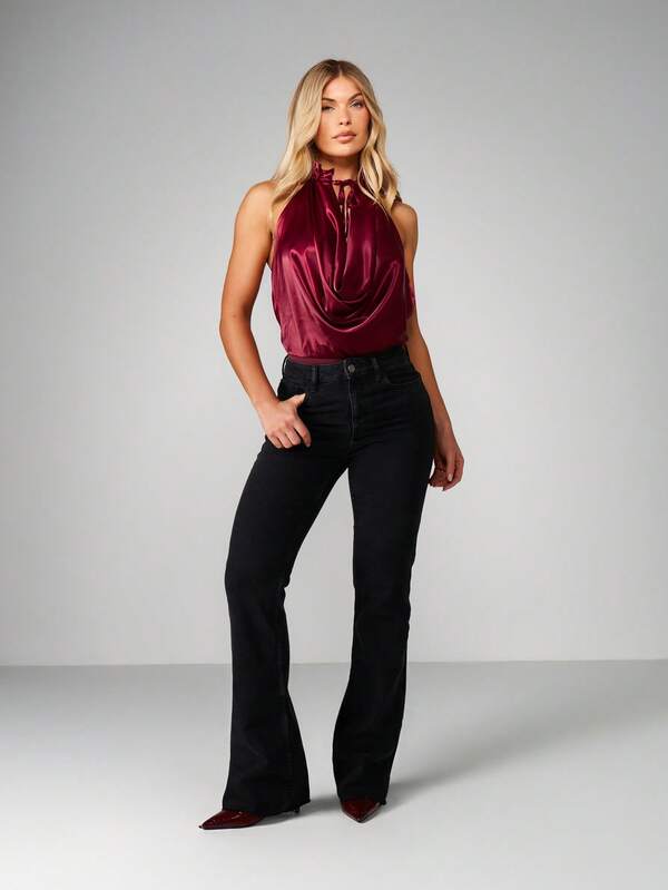 MISSGUIDED Satin Cowl Neck Halter Bodysuit