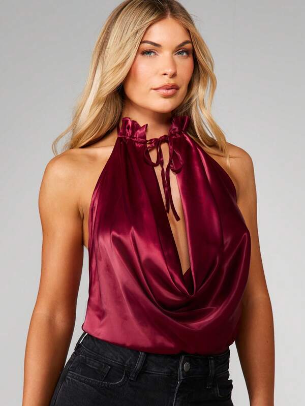 MISSGUIDED Satin Cowl Neck Halter Bodysuit