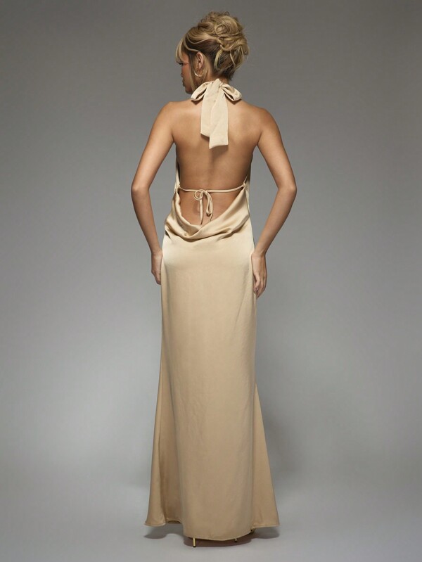 MISSGUIDED Satin Cowl Plunge Cross Neck Backless Flare Hem Maxi Dress