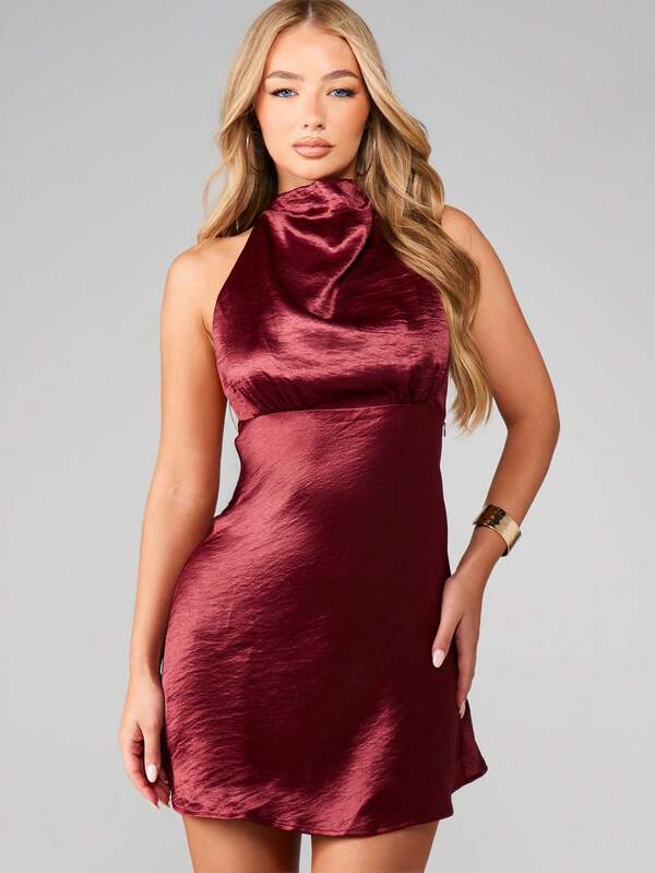 MISSGUIDED Satin Halter Mini Dress With Cowl Neck