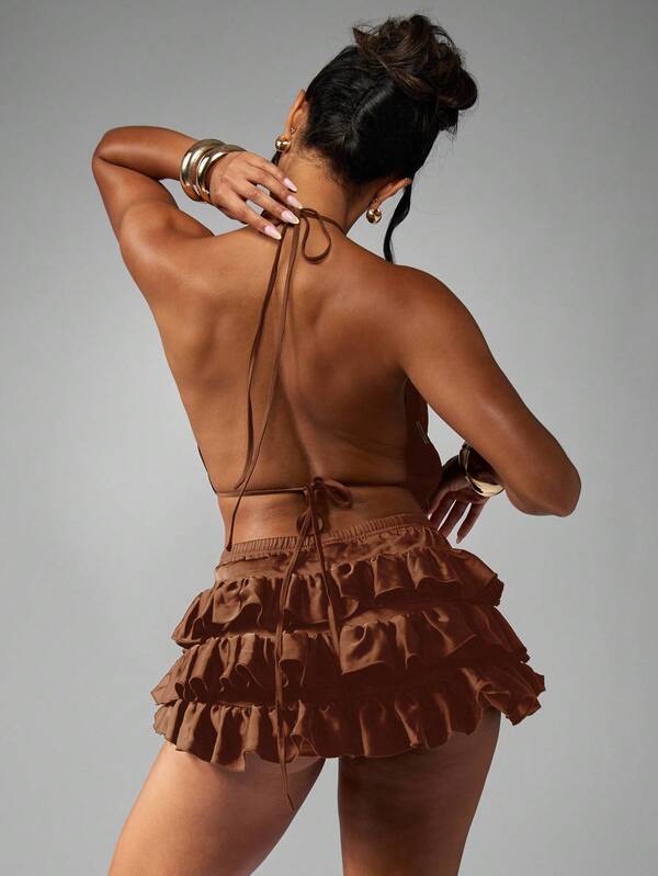 MISSGUIDED Satin Halter Neck Crop Top With Tiered Ruffle Mini Skirt