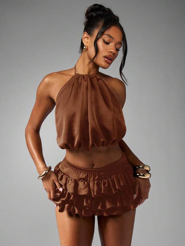 MISSGUIDED Satin Halter Neck Crop Top With Tiered Ruffle Mini Skirt