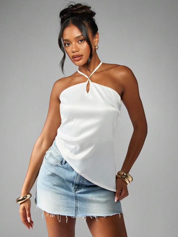 MISSGUIDED Satin Halter Neck Top With Asymmetric Hem