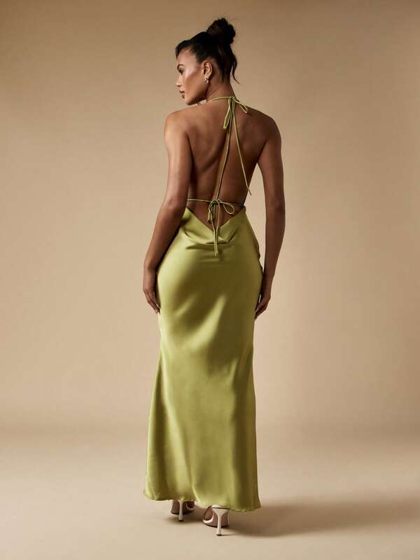 MISSGUIDED Satin Halter Open Back Floor Length Maxi Dress