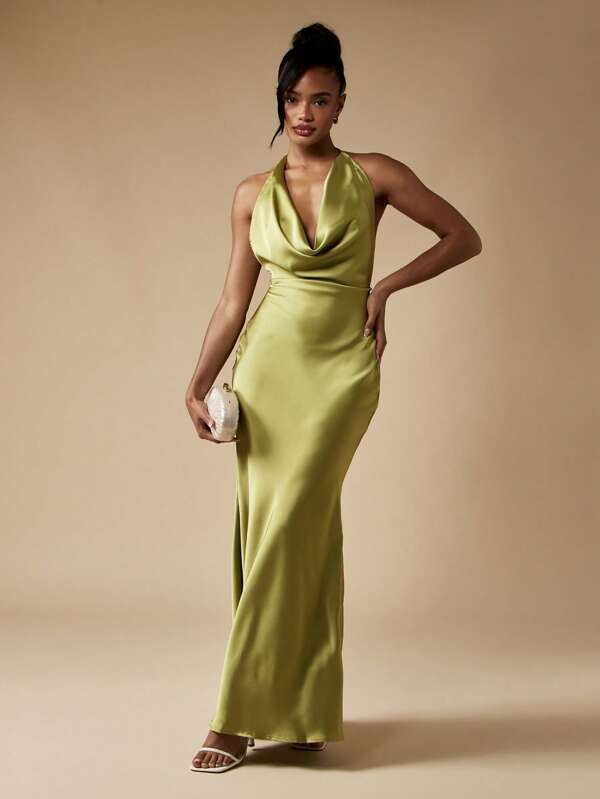 MISSGUIDED Satin Halter Open Back Floor Length Maxi Dress