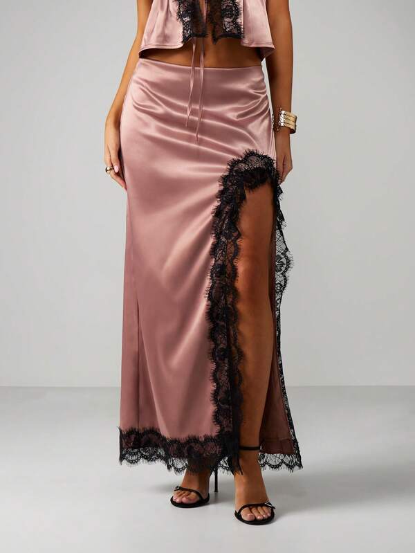 MISSGUIDED Satin Lace Trim Halter Cami With Maxi Skirt Set