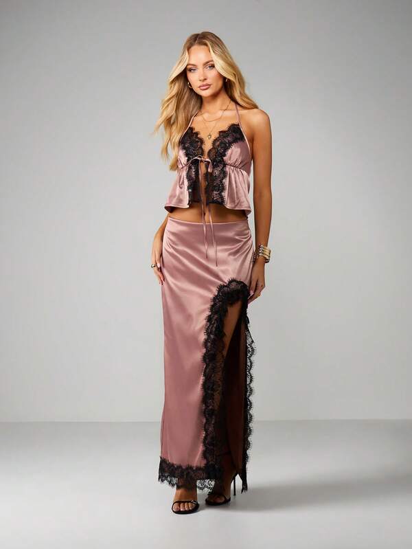 MISSGUIDED Satin Lace Trim Halter Cami With Maxi Skirt Set