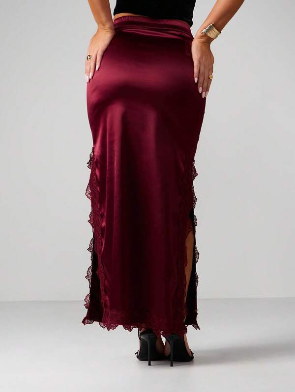 MISSGUIDED Satin Lace Trim Maxi Skirt With Side Slit