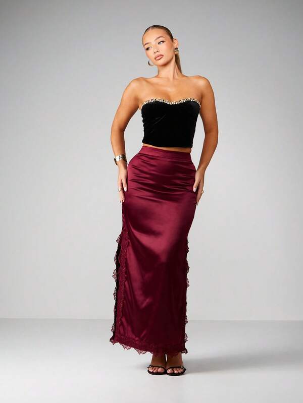 MISSGUIDED Satin Lace Trim Maxi Skirt With Side Slit
