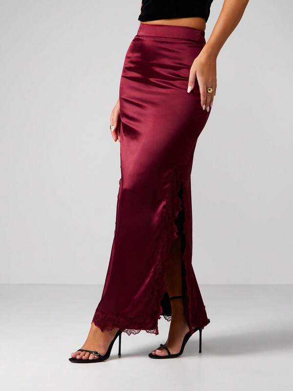 MISSGUIDED Satin Lace Trim Maxi Skirt With Side Slit