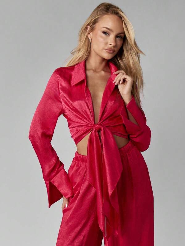 MISSGUIDED Satin Long Sleeve Crop Top With Wide Leg Pants