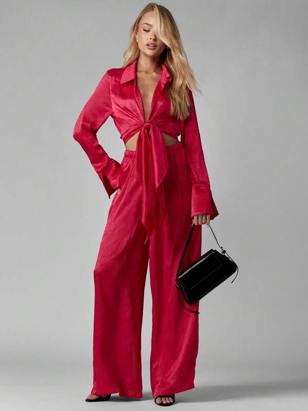 MISSGUIDED Satin Long Sleeve Crop Top With Wide Leg Pants