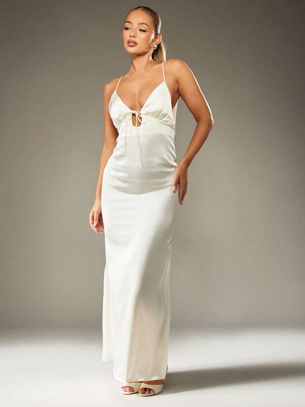 MISSGUIDED Satin Maxi Dress With Cross Back And Lace Detail