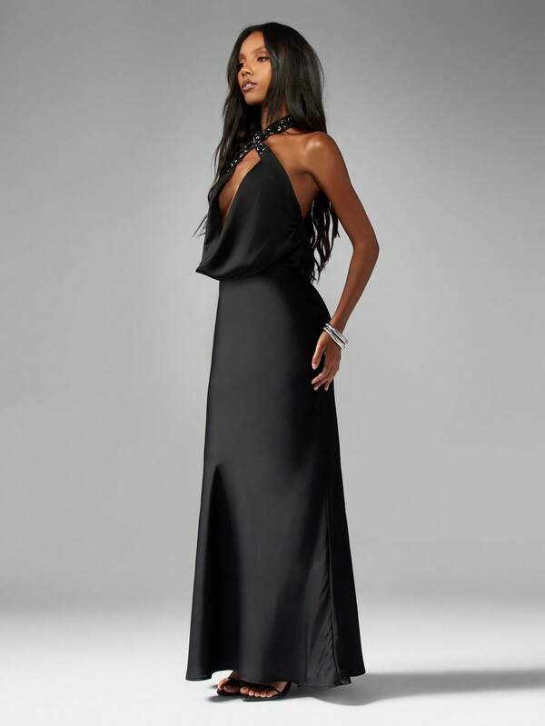 MISSGUIDED Satin Maxi Dress With Cross Halter Neck Design