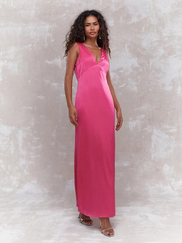 MISSGUIDED Satin Plunge Neck Sleeveless Maxi Dress