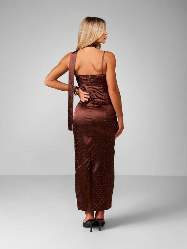 MISSGUIDED Satin Polka Dot Halter Midaxi Dress