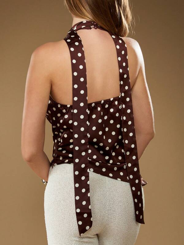 MISSGUIDED Satin Polka Dot Halter Top With V Neckline