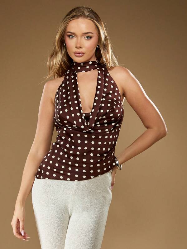 MISSGUIDED Satin Polka Dot Halter Top With V Neckline