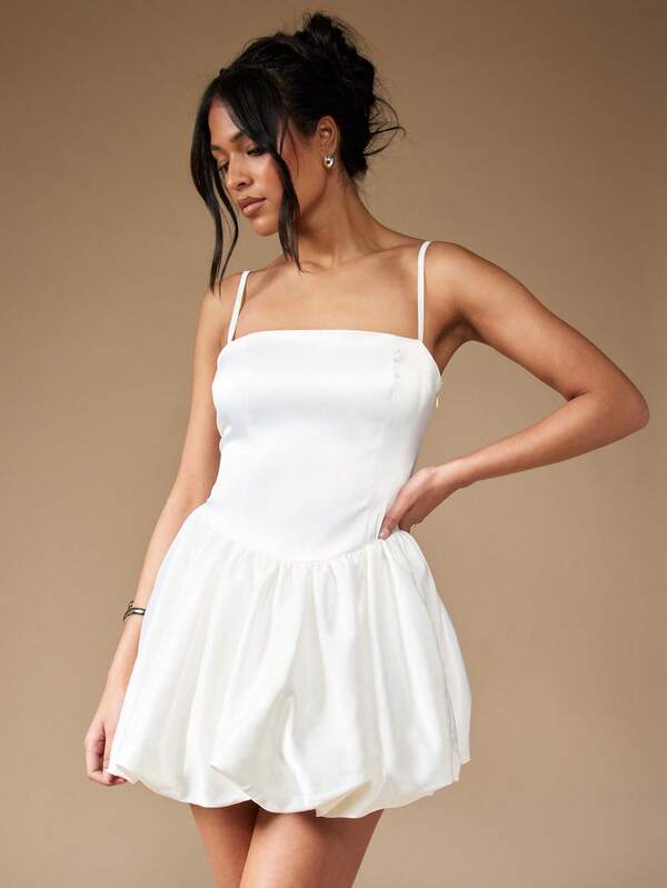 MISSGUIDED Satin Puffball Mini Dress With Back Bow Cute Sundress