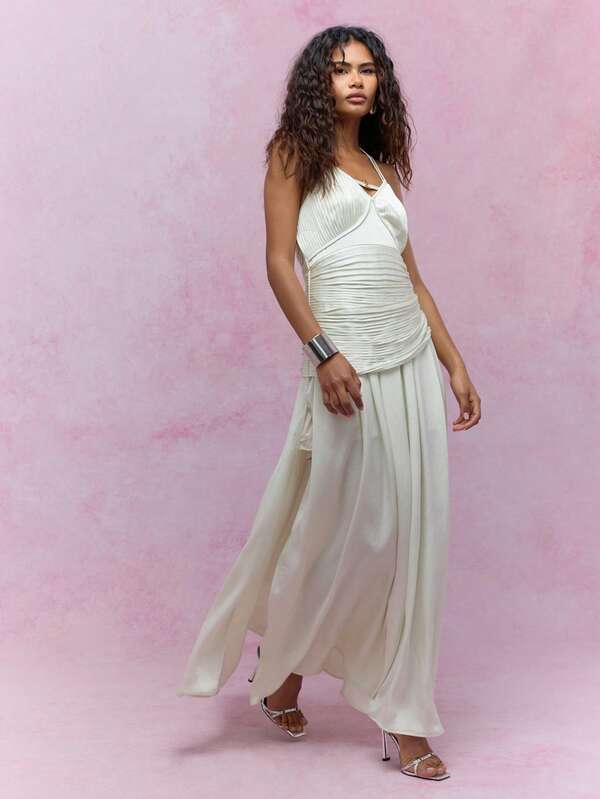 MISSGUIDED Satin Ruched Slit Thigh Maxi Dress