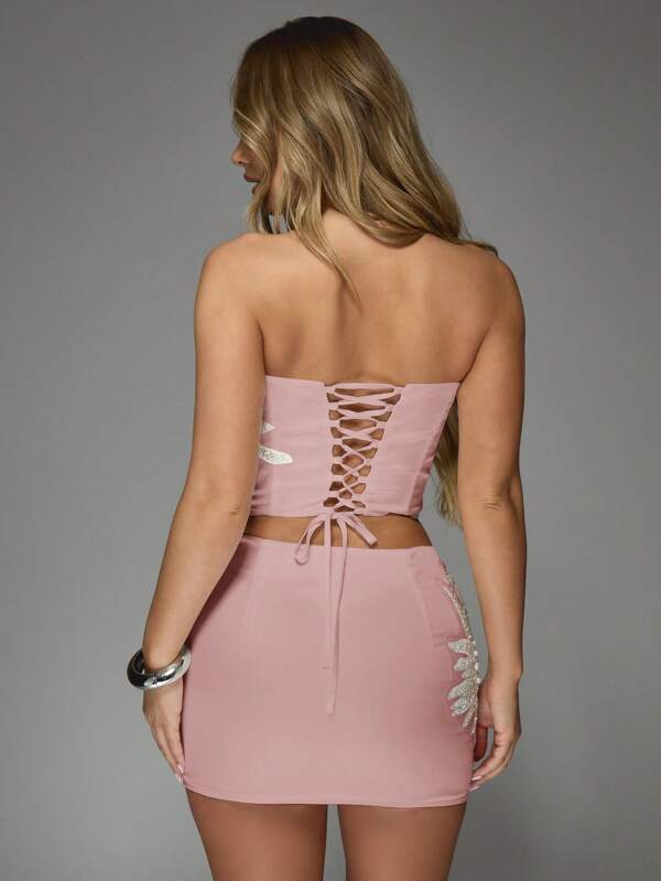 MISSGUIDED Satin Sequin Embellished Strapless Bandeau Corset Top Skirt Set