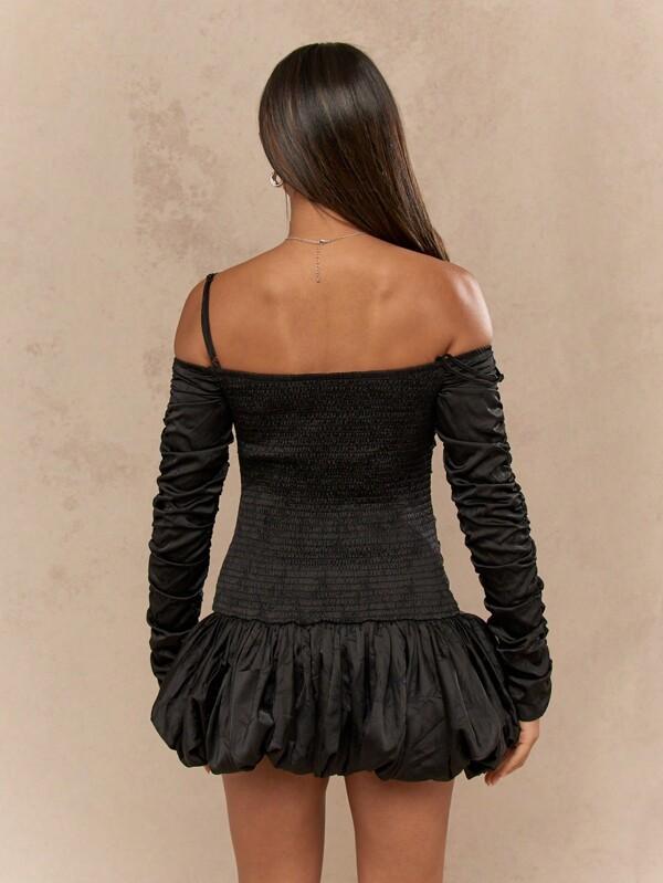 MISSGUIDED Satin Spaghetti Strap Ruched Long Sleeves Bubble Hem Mini Bardot Dress