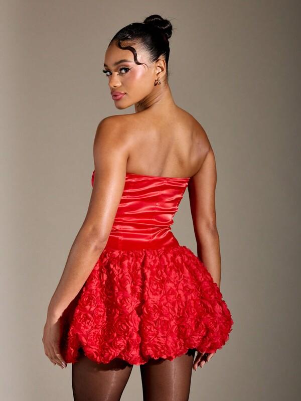 MISSGUIDED Satin Strapless Corset Bodice And 3D Floral Applique Pattern Bubble Hem Mini Dress