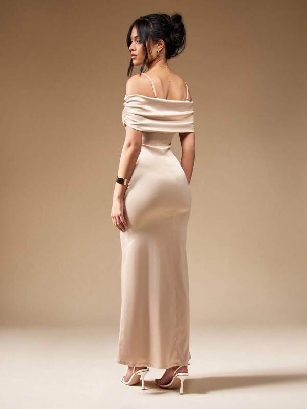 MISSGUIDED Satin Strappy Off Shoulder Fishtail Hem Bardot Maxi Dress