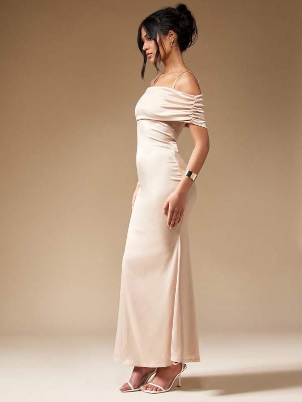 MISSGUIDED Satin Strappy Off Shoulder Fishtail Hem Bardot Maxi Dress