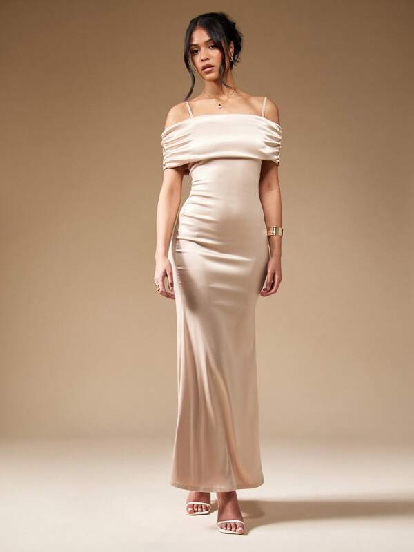 MISSGUIDED Satin Strappy Off Shoulder Fishtail Hem Bardot Maxi Dress