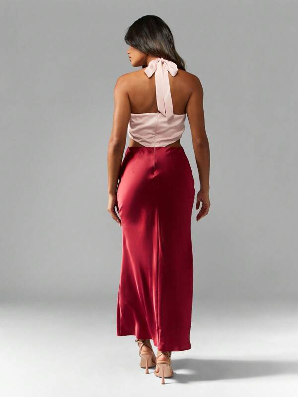 MISSGUIDED Satin Twist Halter Mid-Axi Dress With Contrast Colours Cute Sundress