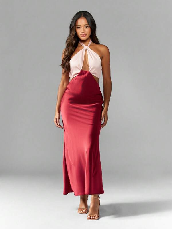 MISSGUIDED Satin Twist Halter Mid-Axi Dress With Contrast Colours Cute Sundress