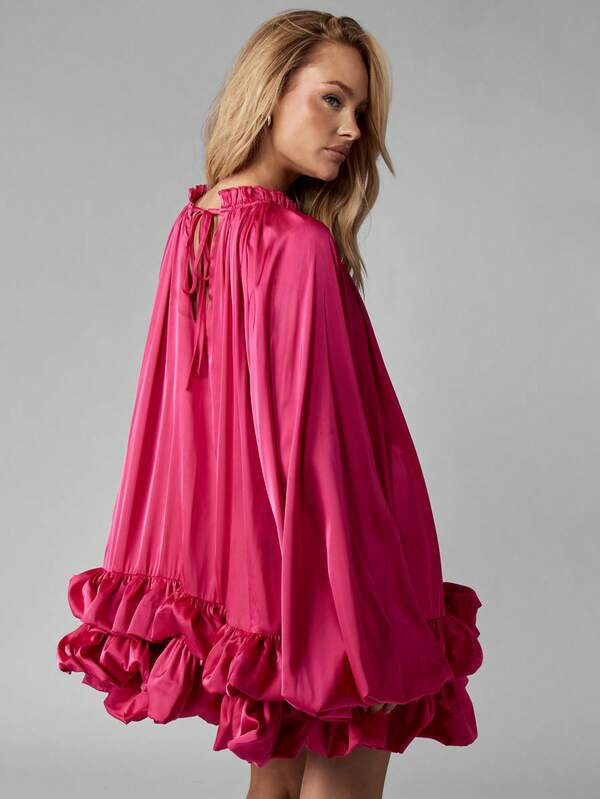MISSGUIDED Satin Volume Mini Dress With Balloon Sleeves And Ruffled Hem