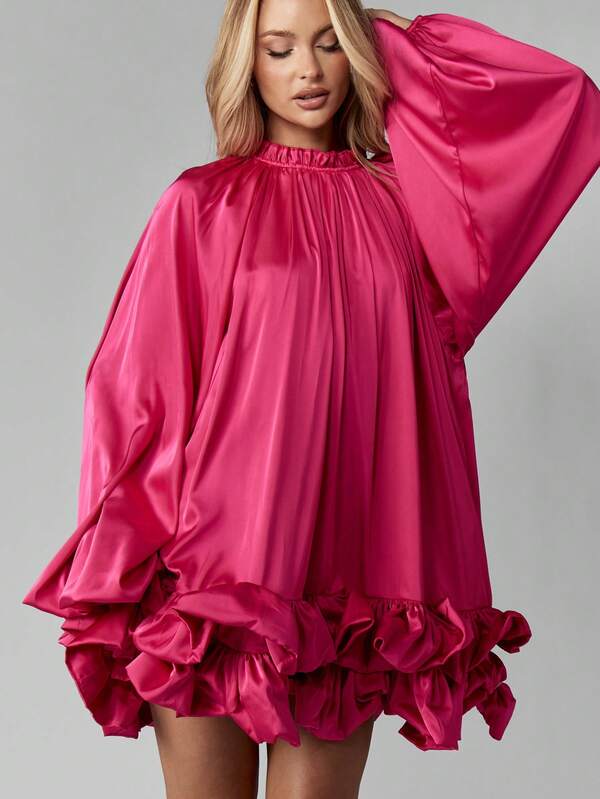 MISSGUIDED Satin Volume Mini Dress With Balloon Sleeves And Ruffled Hem
