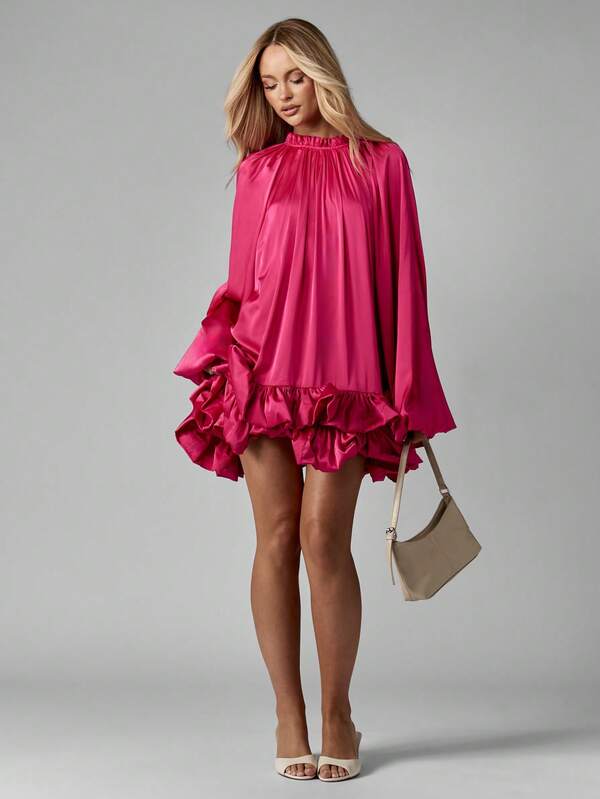 MISSGUIDED Satin Volume Mini Dress With Balloon Sleeves And Ruffled Hem