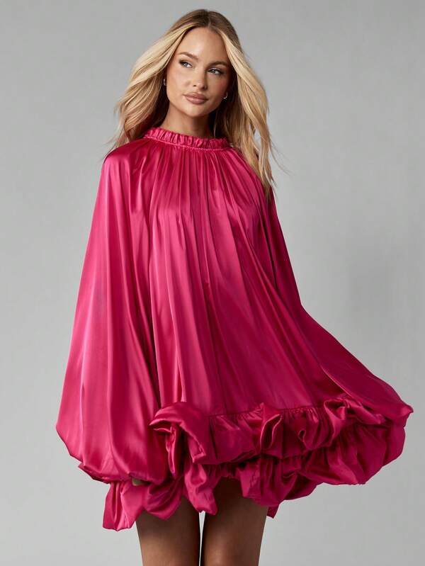 MISSGUIDED Satin Volume Mini Dress With Balloon Sleeves And Ruffled Hem