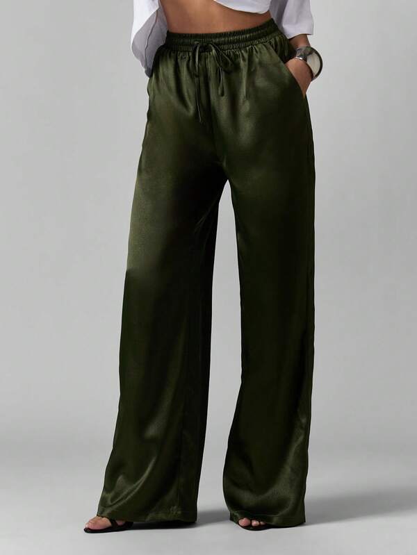 MISSGUIDED Satin Wide Leg Palazzo Pants With Drawstring