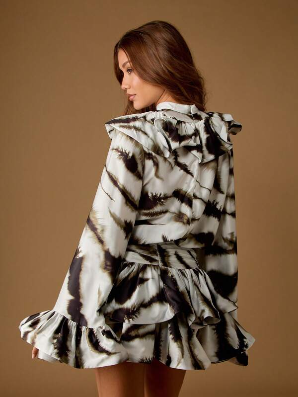 MISSGUIDED Satin Zebra Print Mini Dress With Ruffles And Bell Sleeves