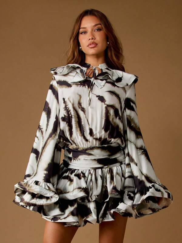 MISSGUIDED Satin Zebra Print Mini Dress With Ruffles And Bell Sleeves