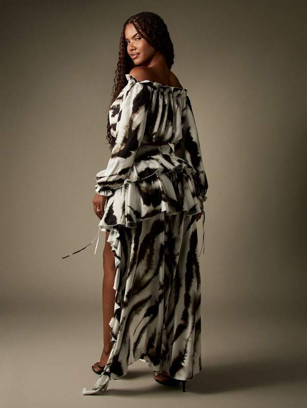 MISSGUIDED Satin Zebra Print Ruffle Coord With High Low Skirt