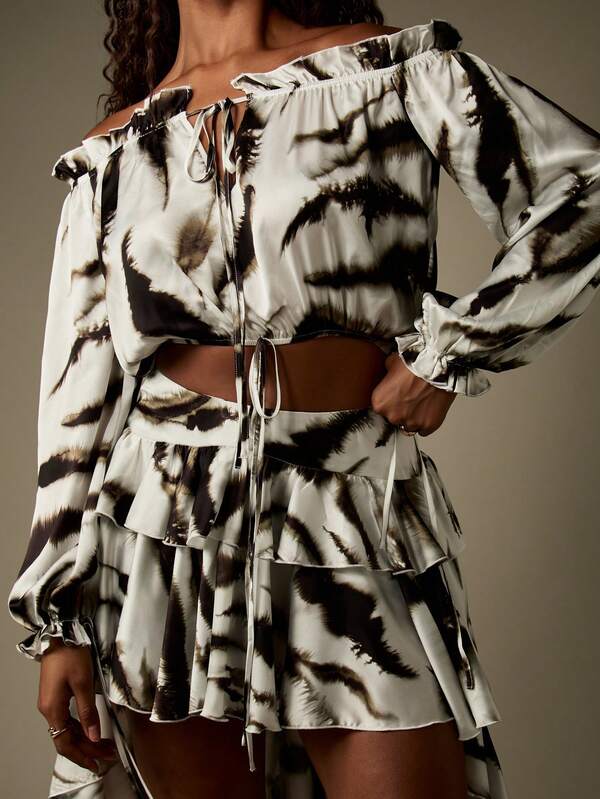 MISSGUIDED Satin Zebra Print Ruffle Coord With High Low Skirt