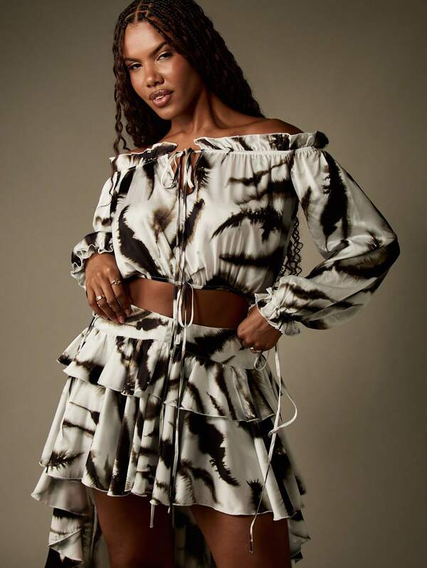 MISSGUIDED Satin Zebra Print Ruffle Coord With High Low Skirt