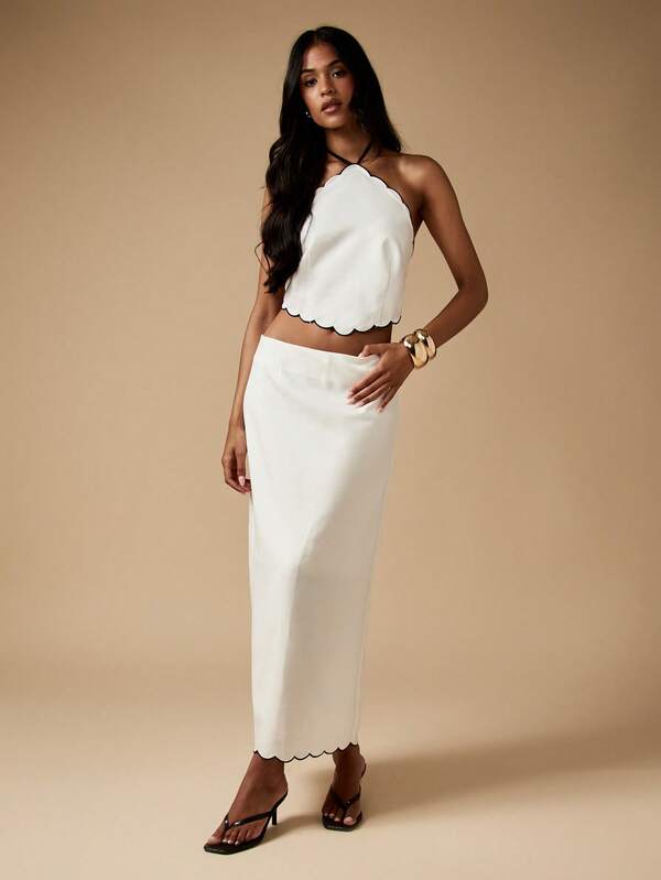 MISSGUIDED Scalloped Edge Halter Top And Midi Skirt Set