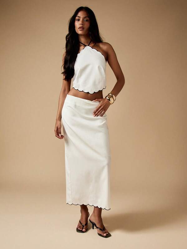 MISSGUIDED Scalloped Edge Halter Top And Midi Skirt Set